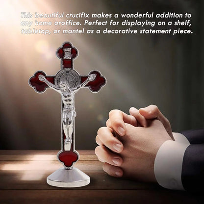 Catholic Crucifix Statue St Benedict Standing Alloy Cross Sculpture for Religious Items Home Decor