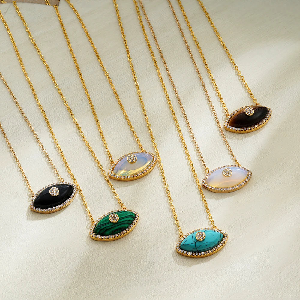 Luxury Natural Stone Evil Eye Pendant Necklace Inlaid Zircon Fashion Stainless Steel Clavicle Chain Jewelry Party Gift for Women