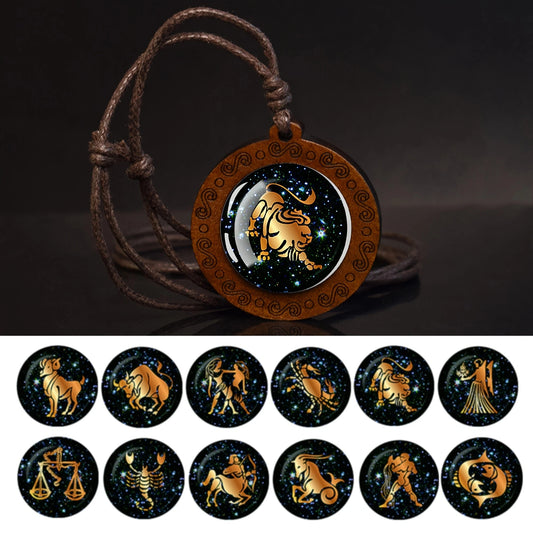 12 Zodiac Signs Rope Chain Necklace Aries Taurus Gemini Cancer Leo Virgo Libra Scorpio Constellation Necklace Wooden Pendant