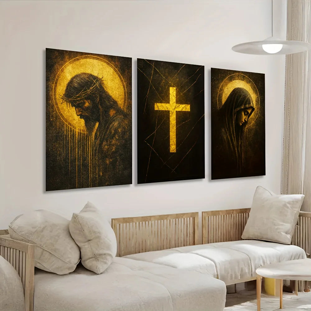3pcs Religious Canvas Wall Art Set Jesus and Virgin Mary with Golden Cross Design Home Office  Church Decor Indoor Mural Decor