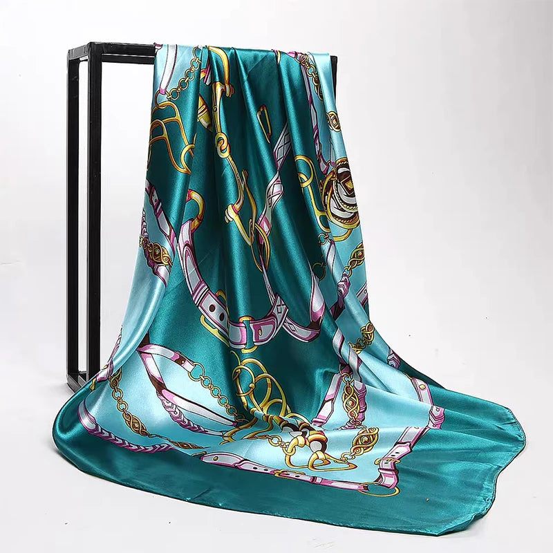 90*90cm Women Square Silk Scarf Luxury Brand Large Shawl Neckerchief Print Headband Female Foulard Bandana Wraps Hijab Scarves