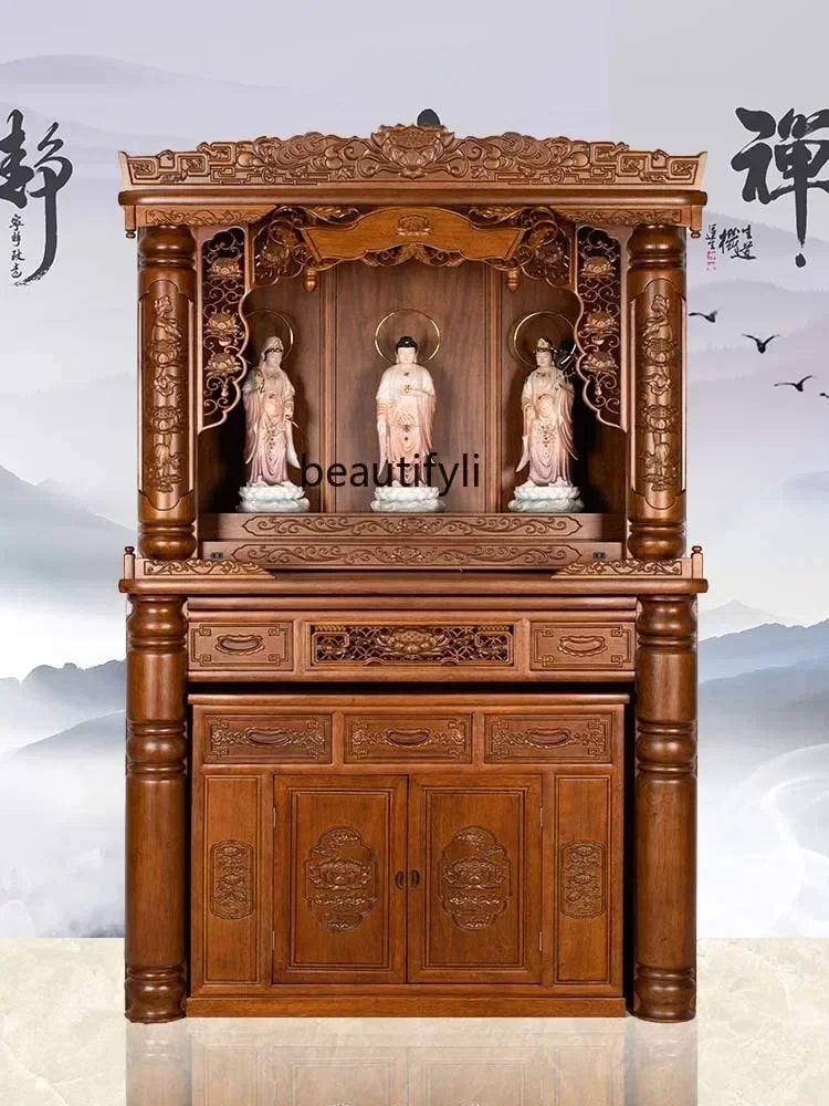Cy  Solid Wood Buddha Shrine Buddha Cabinet Shrine Chinese Style Back Lamp Buddha Building Worship Prayer Altar Table Altar