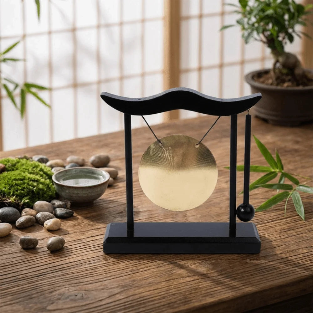 Retro Relaxation Desktop Gong Fortune Creative Copper Bell High Volume Wood Frame Feng Shui Metal Cymbals House Warming