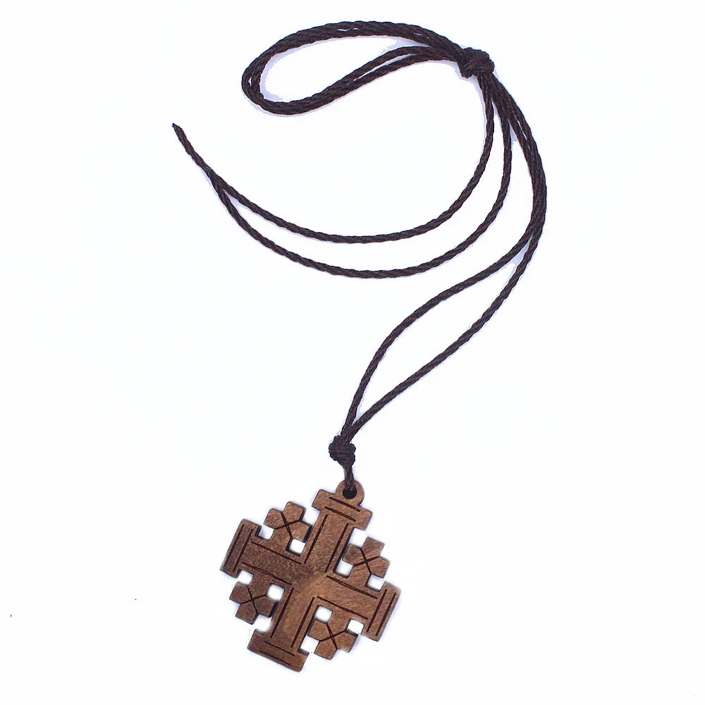 Simple Religious Necklaces Wooden Jerusalem Cross Pendant Necklaces Women Men Christian Religious Prayer Jewelry Accessory Gifts