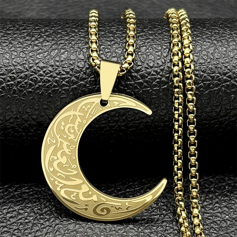 Crescent Moon Islamic Muslim Pendant Necklace for Women Men Stainless Steel Gold Color Arabic Quran Chain Amulet Jewelry Gift