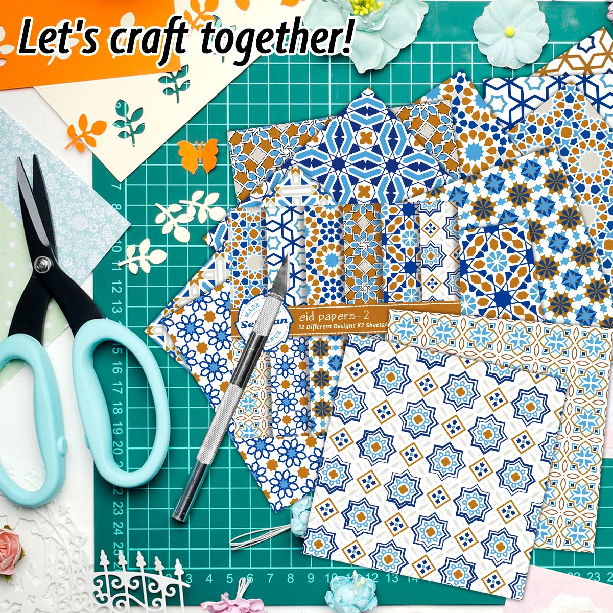 24Pcs/Pack Eid Mubarak Scrapbooking Paper Set,Arabic Background Islamic Eid Pattern Ramadan Paper,Decorative Paper DIY  Crafts