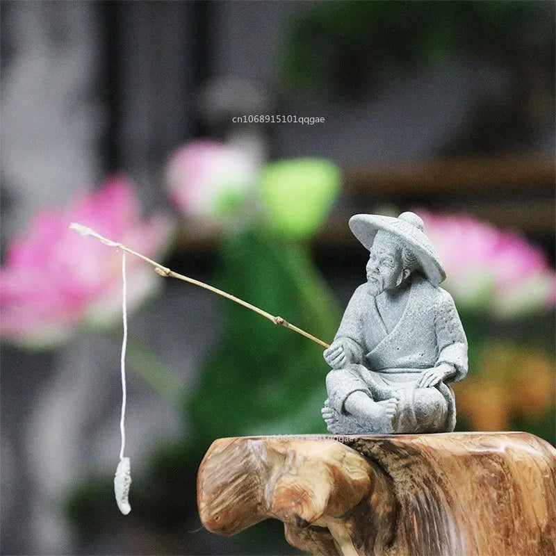 Fish Tank Garden Sitting Fishing Sandstone Vintage Ornament Aquarium Mini Fisherman Statue Asian Zen Decoration  Home Decor