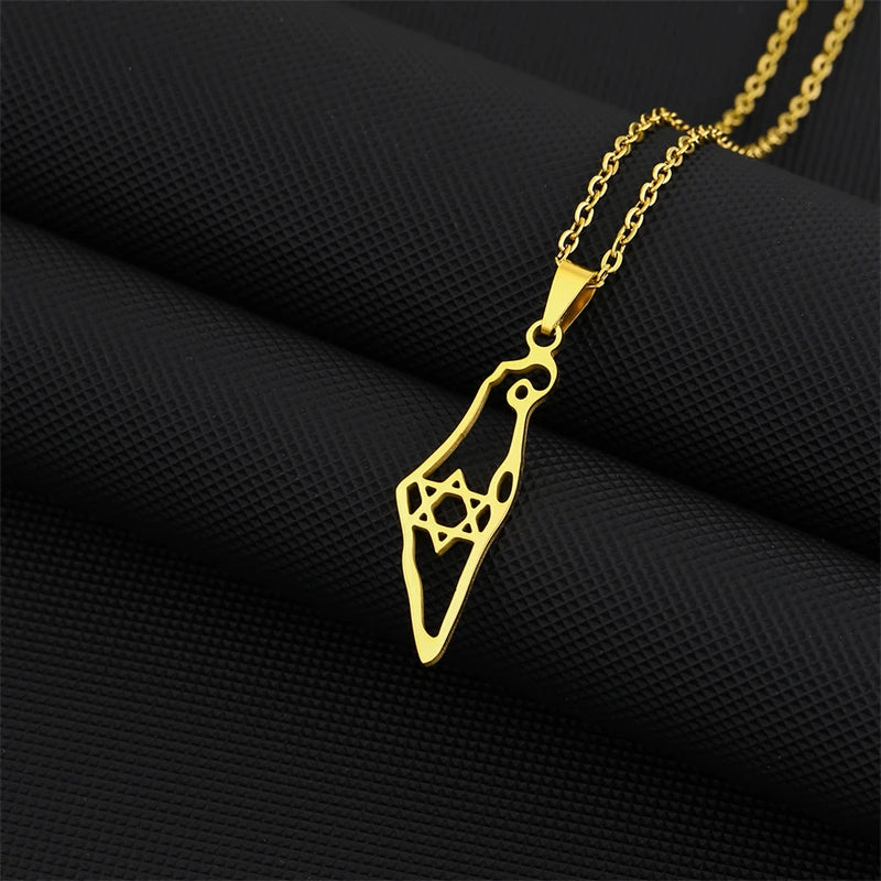Israel Hexagram Map Pendant Necklace Country Geometry Stainless Steel Chain Necklaces for Women Jewelry Gift Souvenir Wholesale