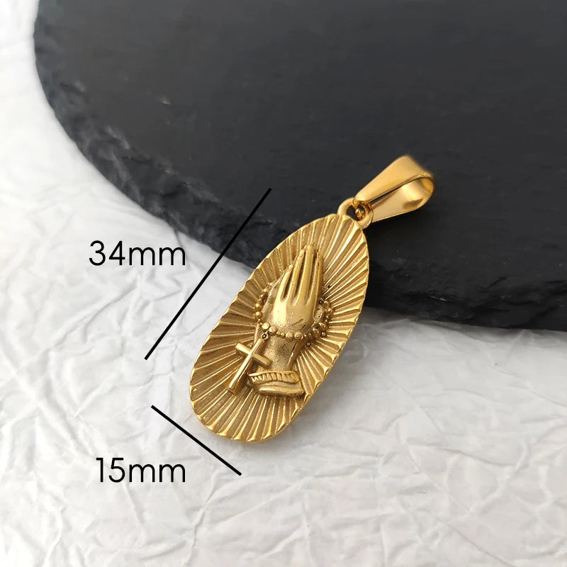Virgin Mary Saint Michael Cross Prayer Pendant Necklace Gold Stainless Steel Religious Pendants Catholic Women/Men Jewelry