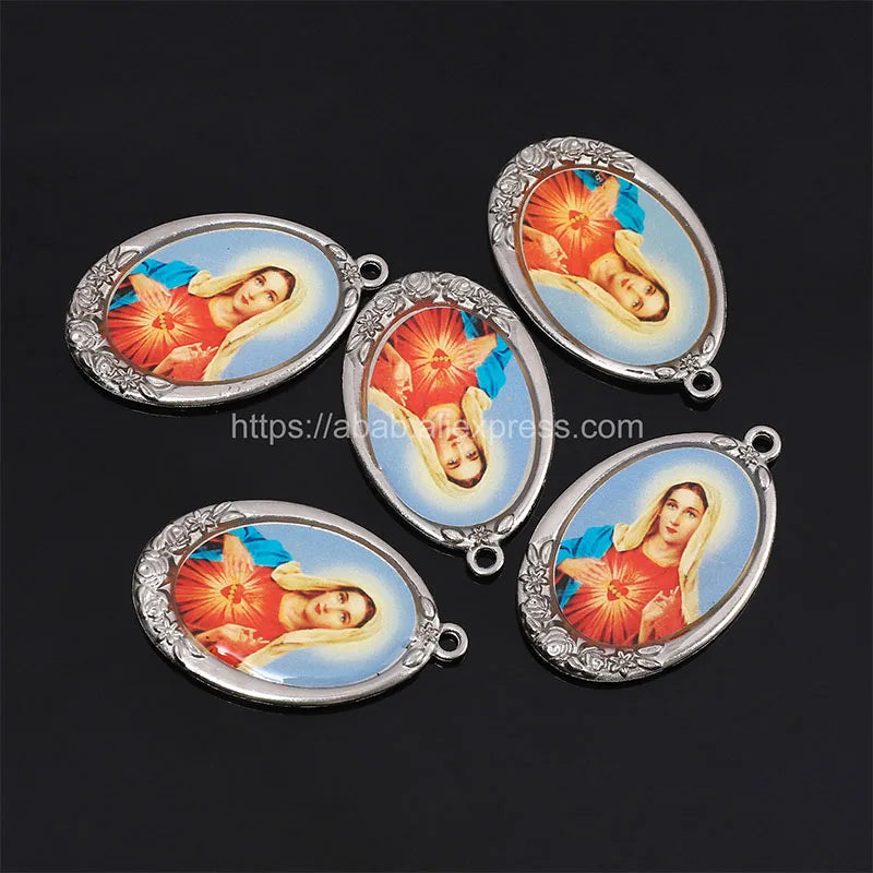 5 Pieces / New Catholic Virgin Mary Icon Pendant Medallion Jesus Figure Pendant Heart Shaped Catholic Rosary Catholic Medal