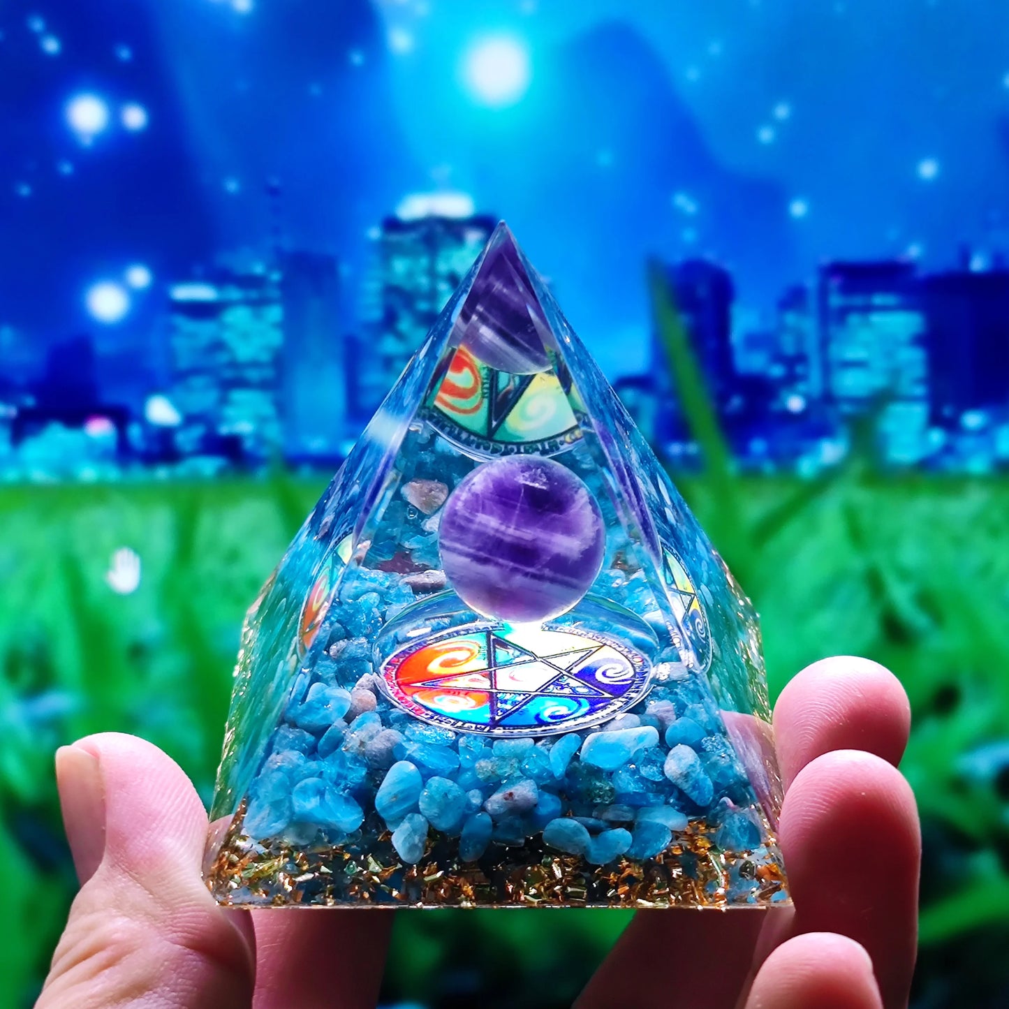 Energy Pyramid Orgonite Reiki Natural Amethyst Ball Healing Crystals Chakra Tool Ornaments Resin Stones Craft Kids Gift Pyramid