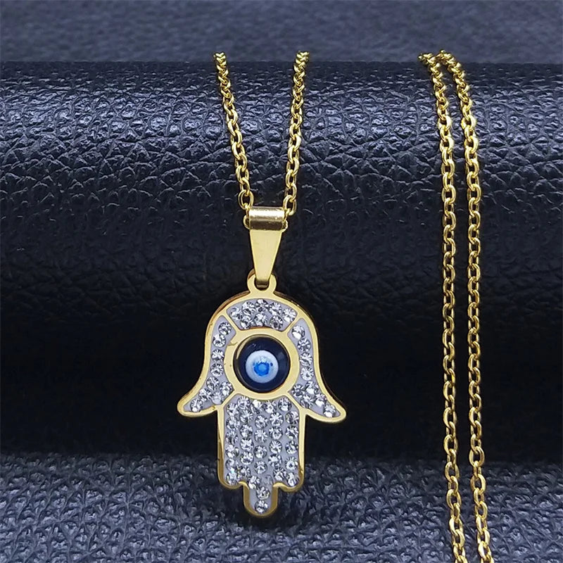 Greek Eye Fatima Hand Necklace for Women Men Stainless Steel Turkish Evil Blue Eye Protection Chain Islamic Jewelry  N8041S01