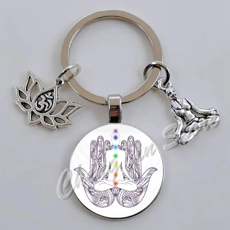 Indian Buddha Meditation 7 Chakra Mandala Psychedelic Yoga Glass Cabochon Keychain Ornament