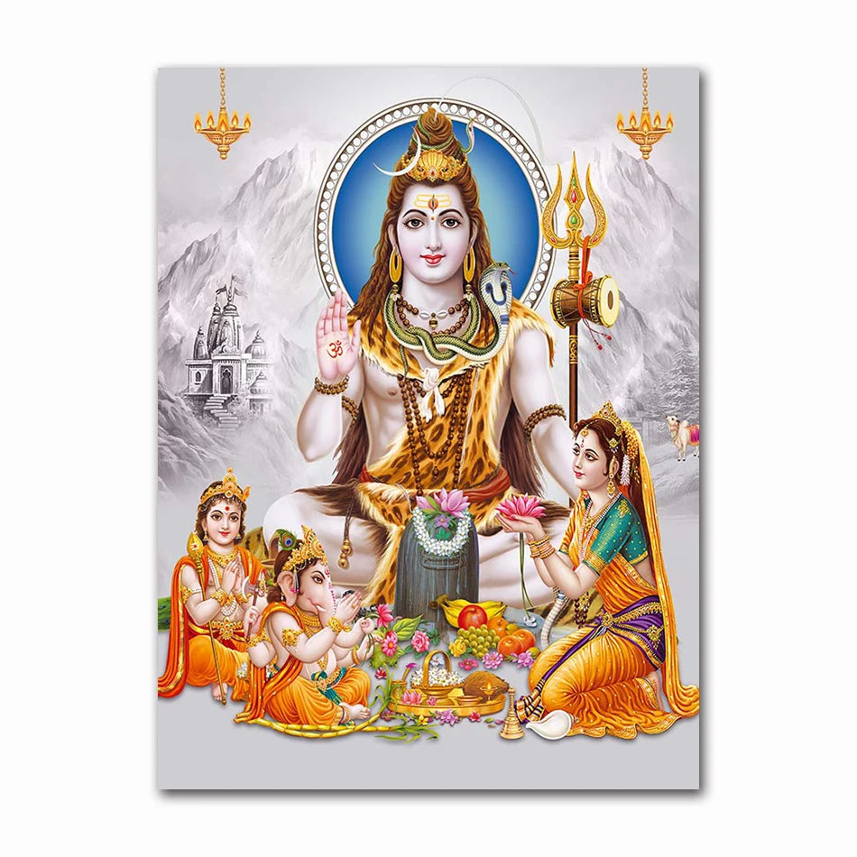 India Hindu Golden Ganesha Temple Poster Shiva Parvati Painting Canvas Prints Elephant God Religion Picture Room Hoom Wall Decor