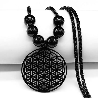 2023 Flower of Life Stainless Steel Mandala Metatron Necklaces Sacred Geometry Long Black Bead Necklace Jewerly flor de la vida
